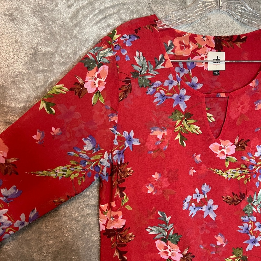 Cabi‎ Womens S Bloomcore Floral Boho Chic Modern Femme Chiffon Bell Sleeve Top